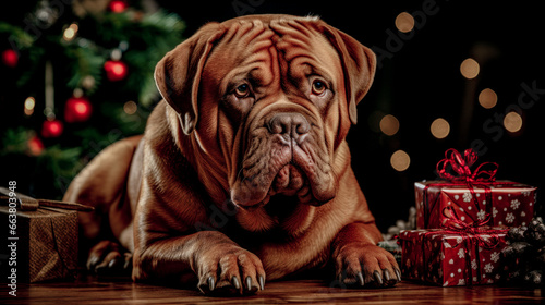 Dog with a Santa Claus Hat Sitting by a Christmas Tree Digital Art Wallpaper Background Backdrop Cover Poster