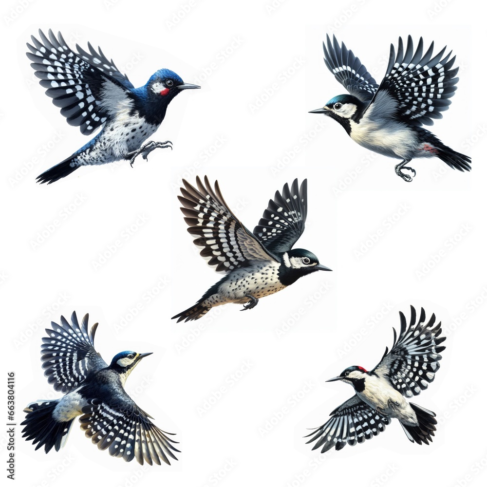 A set of Acorn woodpeckers flying isolated on a white background A set of Acorn woodpeckers flying isolated on a white background