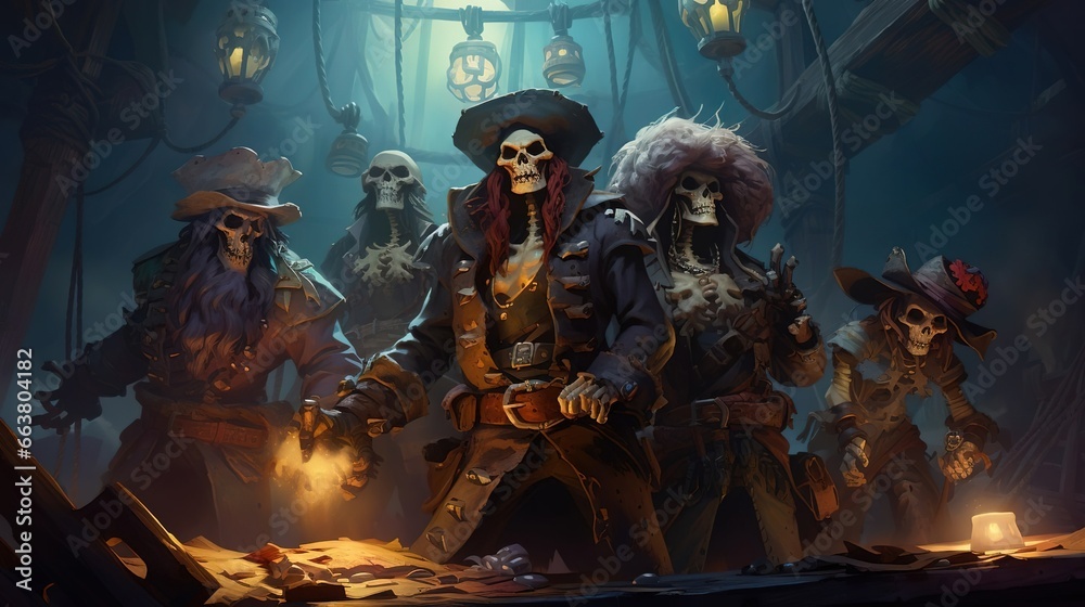 Naklejka premium Spooky pirate crew of skeletons on board. Created with Generative Ai technology.