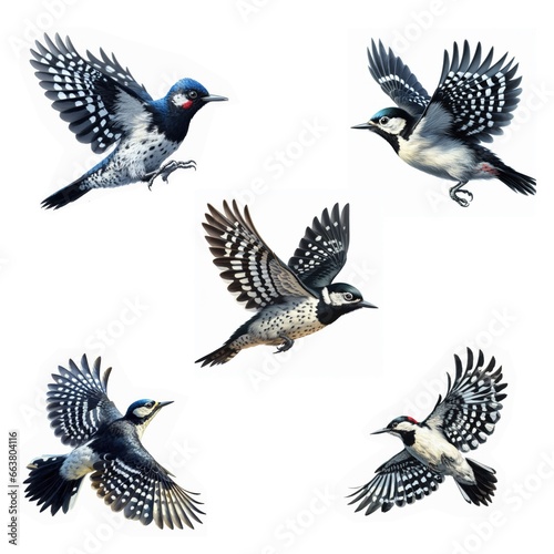 A set of male and female Acorn woodpeckers flying isolated on a white background