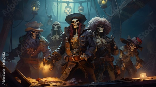 Spooky pirate crew of skeletons on board. Created with Generative Ai technology.