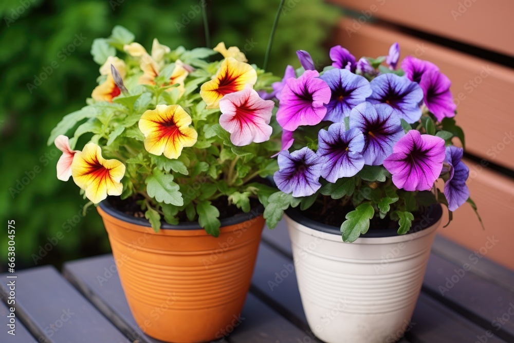 two different colored flowers thriving in the same pot