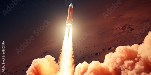 Spaceship rocket with puffs of smoke takes off into the sky with a beautiful blue purple sky with clouds space mission