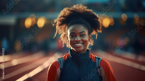 Happy athletic african american woman in sports outerwear training at stadium outdoors, front view portrait