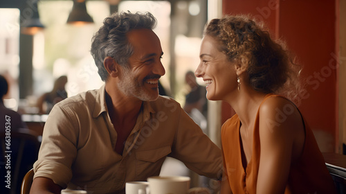 Happy senior white, caucasian couple in a cafe looking and smiling at each other photo
