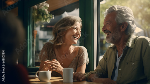 Happy senior white, caucasian couple in a cafe laughing and smiling