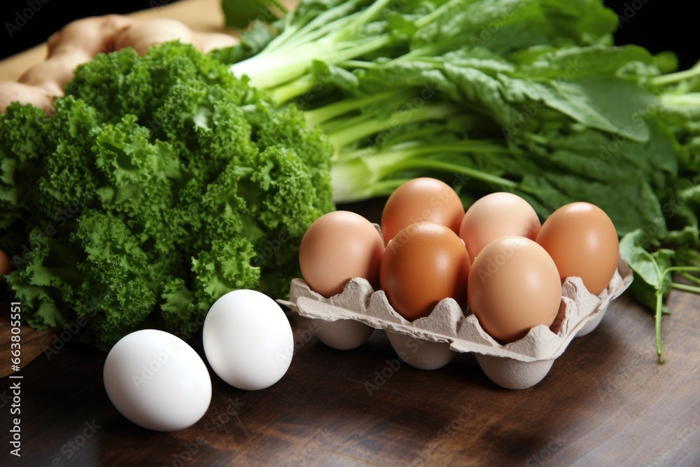 farm fresh eggs beside green vegetables farm fresh eggs beside green vegetables