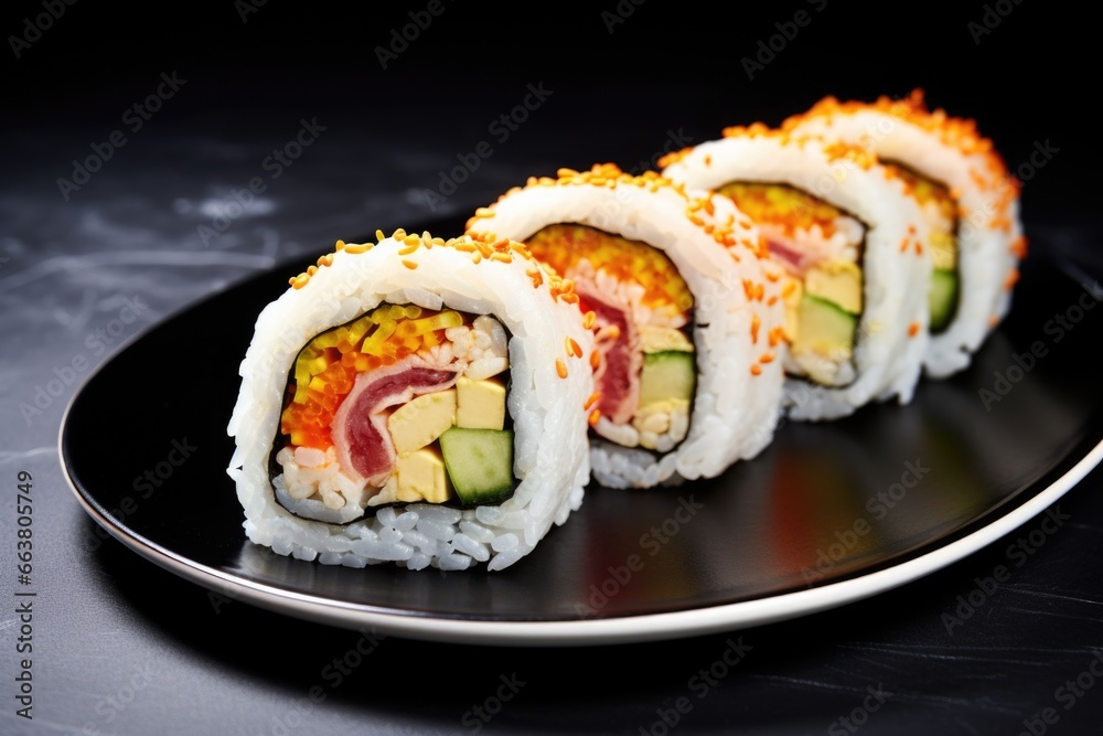 two halves of a cut sushi roll on separate plates two halves of a cut sushi roll on separate plates