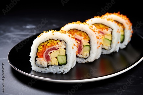 two halves of a cut sushi roll on separate plates