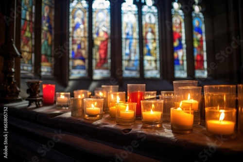 burning candles near a christian churchs stained-glass window