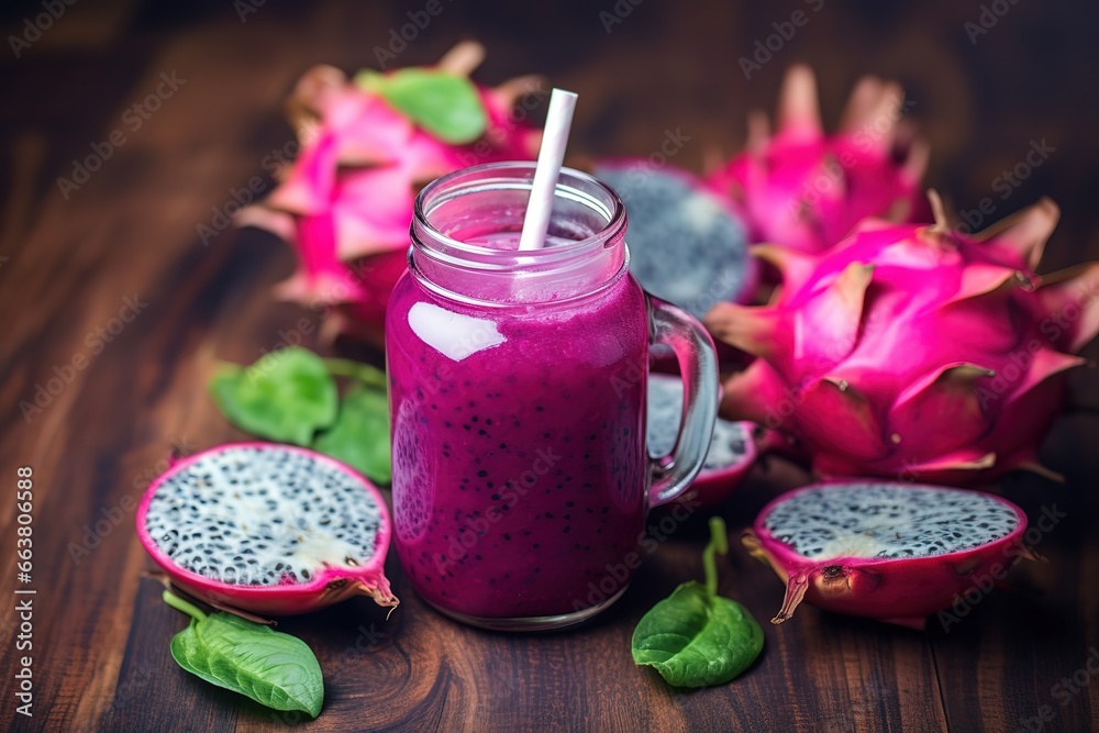Fresh dragon fruit juice placed on the table top view Fresh dragon fruit juice placed on the table top view