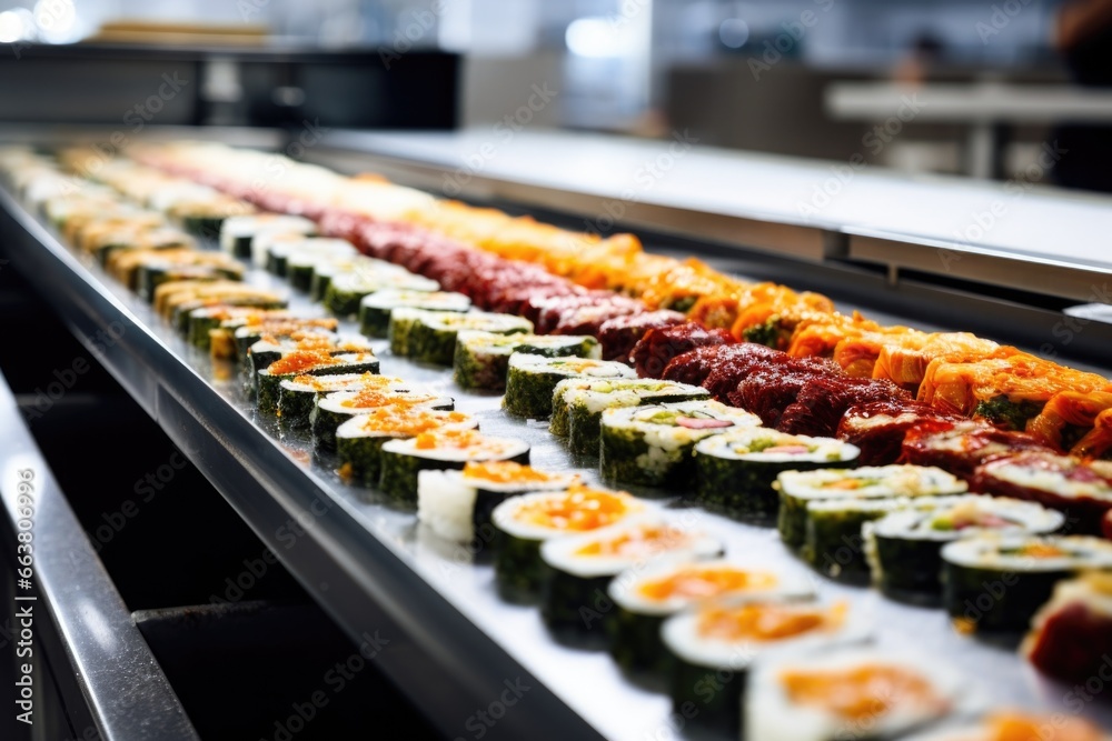 a series of sushi rolls on a conveyor belt a series of sushi rolls on a conveyor belt