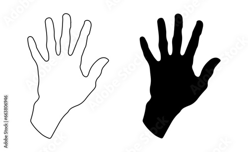 Human handprint. Adult handprint. Human fingers and palm of hands. Silhouette, outline. Icon. Vector isolated on white. For design, print, illustration, textile, postcard, poster
