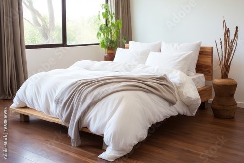 organic cotton bedding on a bamboo bedframe photo