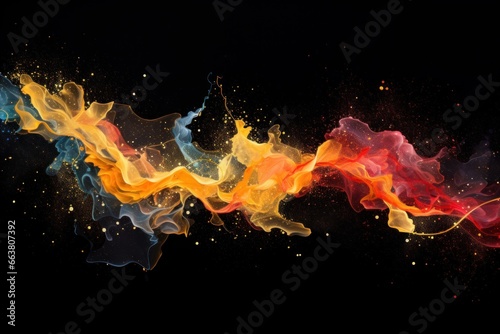 Abstract Colorful Splattering Lines on Black Background, Watercolor