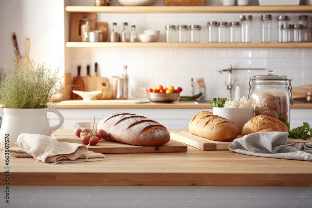 a pristine kitchen with freshly baked bread on the counter