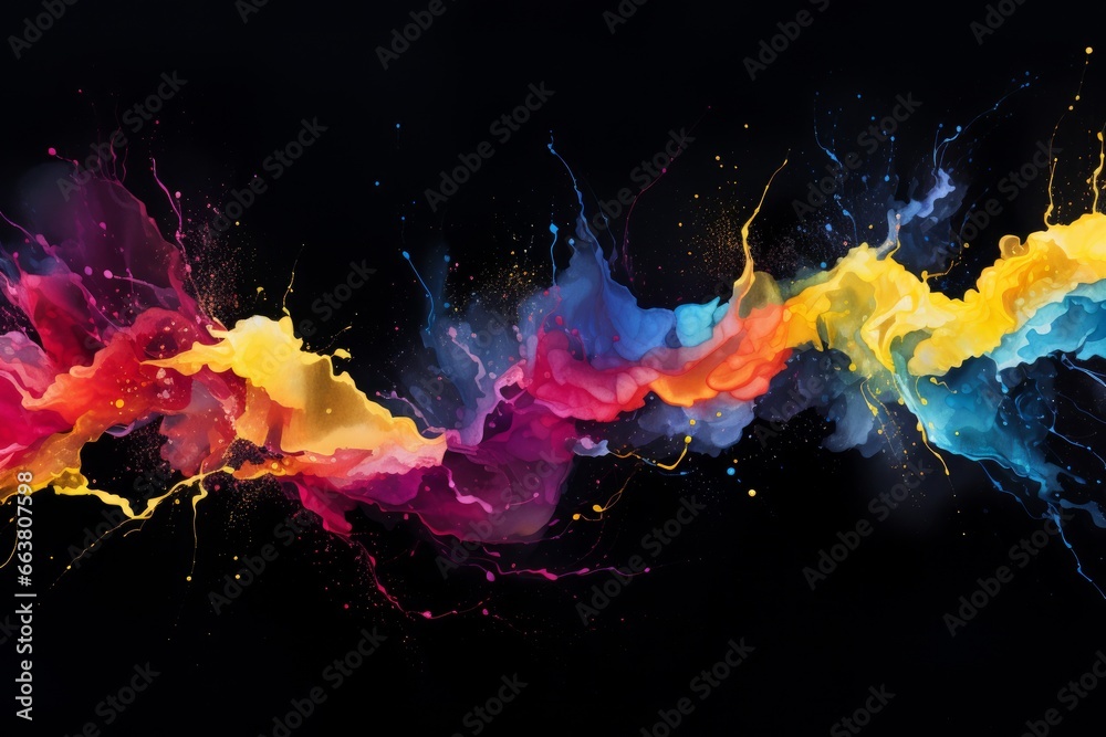 Abstract Colorful Splattering Lines on Black Background, Watercolor - obrazy, fototapety, plakaty 