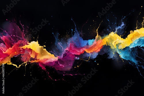 Abstract Colorful Splattering Lines on Black Background, Watercolor © Fabien