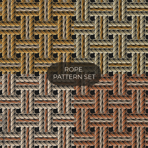Set of seamless patterns with loose interwoven ropes. Mat, rug with traditional basket weave with three cords. Burlap weave. Vintage style. Not AI