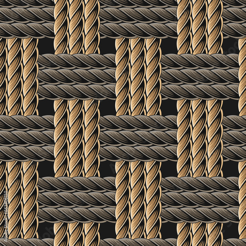 Seamless pattern with interwoven ropes. Mat, rug with traditional basket weave with three cords. Burlap weave. Vintage style. Not AI