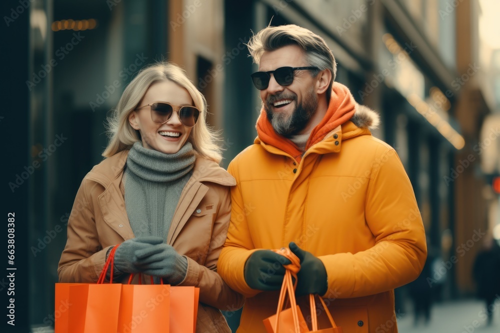 A happy couple enjoying a shopping day in the city. Fictional characters created by Generated AI.