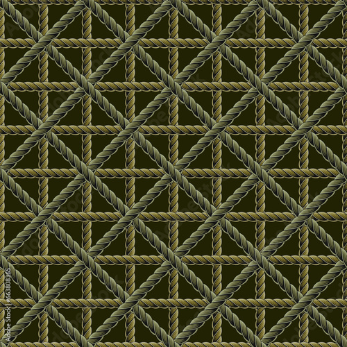 Seamless green khaki pattern with rope net. Classic square geometric grid on black background. Vintage style. Not AI