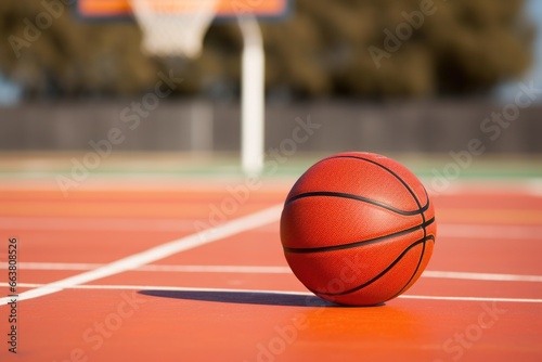 a basketball on a court, hoop in the background