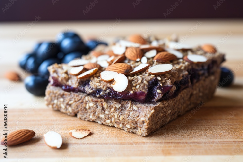 blueberry-topped almond butter on whole grain toast