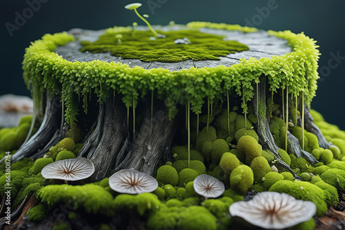 Dead gray tree stump covered in moist green moss and fungi - Generative AI