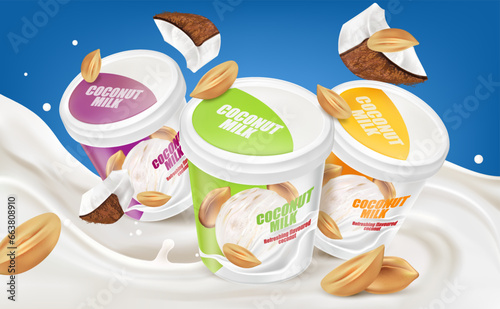 Coconut yogurt packaging mock up with peanut and milk splashing isolated on white background. Realistic vector in 3D illustration. Food and drink concepts.