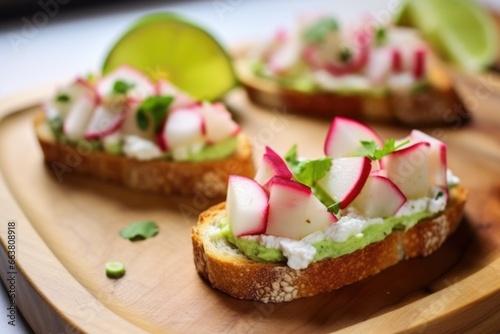 radish bruschetta with avocado and a lime wedge