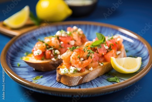 bruschetta with shrimp and lemon wedges on a blue plate