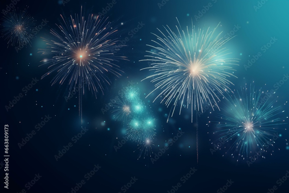 sparkling fireworks on blue background. Generative AI
