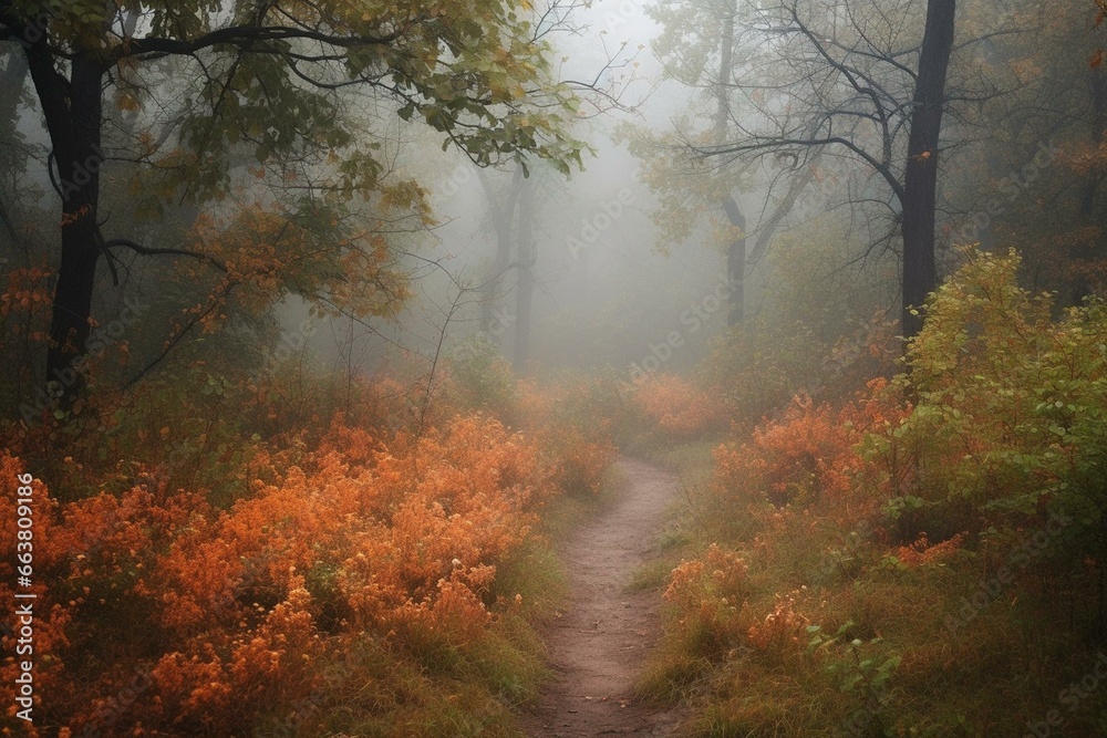 A serene and solitary path through an autumn forest surrounded by foggy air, dew-covered bushes, and enchanting flora. Generative AI