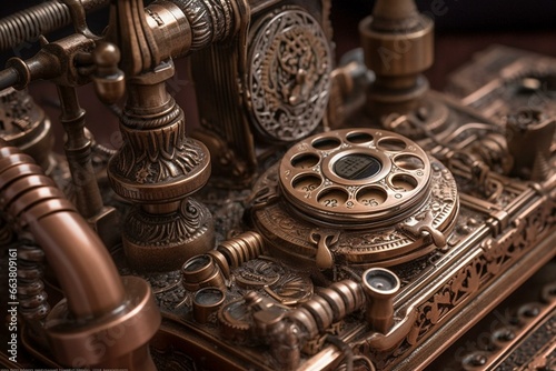 Detailed view of a vintage steampunk phone. Generative AI