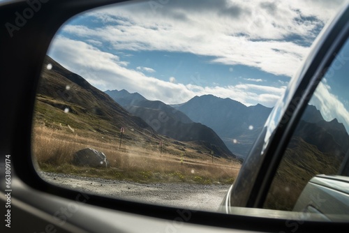 the mountains in the car's mirror. Generative AI