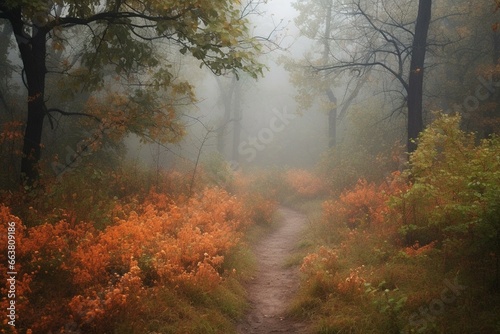 A serene and solitary path through an autumn forest surrounded by foggy air  dew-covered bushes  and enchanting flora. Generative AI