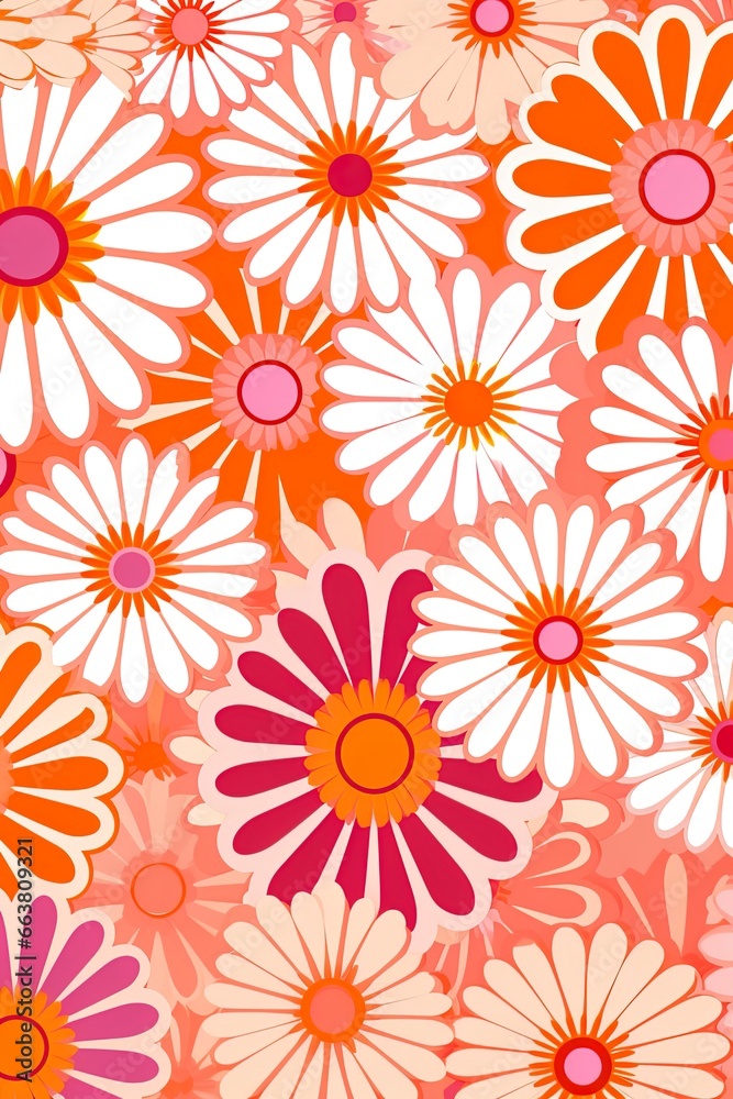 Groovy 1970s vintage retro floral pink flower power illustration with orange and pink colors