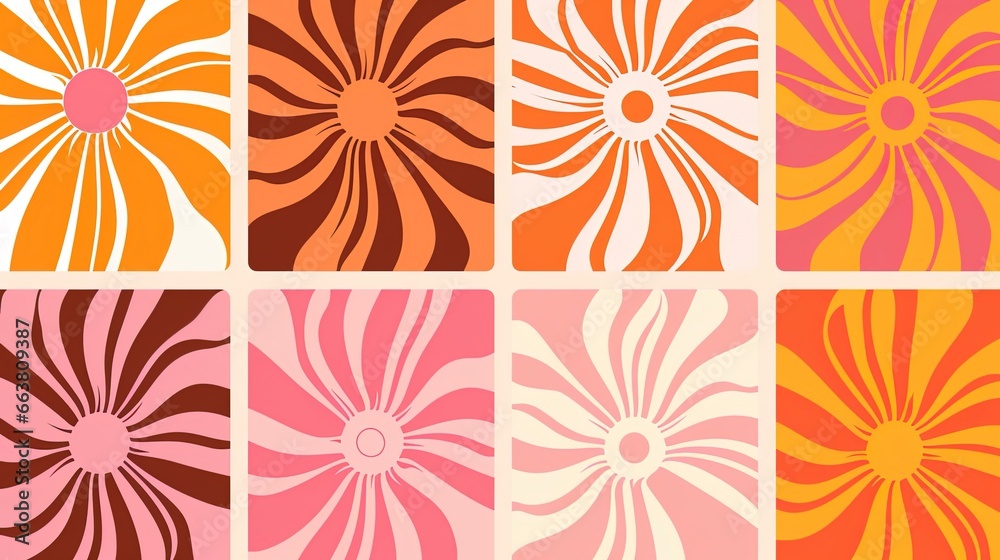 Groovy 1970s vintage retro floral pink flower power illustration with orange and pink colors