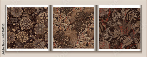 Seamless brown camouflage patterns with nature elements. Floral motifs with leaves, flowers, abstract shapes. For apparel, fabric, textile, sport good design.