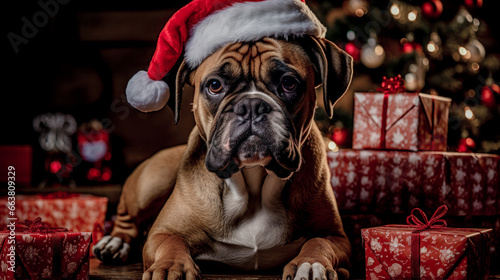 Dog with a Santa Claus Hat Sitting by a Christmas Tree Digital Art Wallpaper Background Backdrop Cover Poster