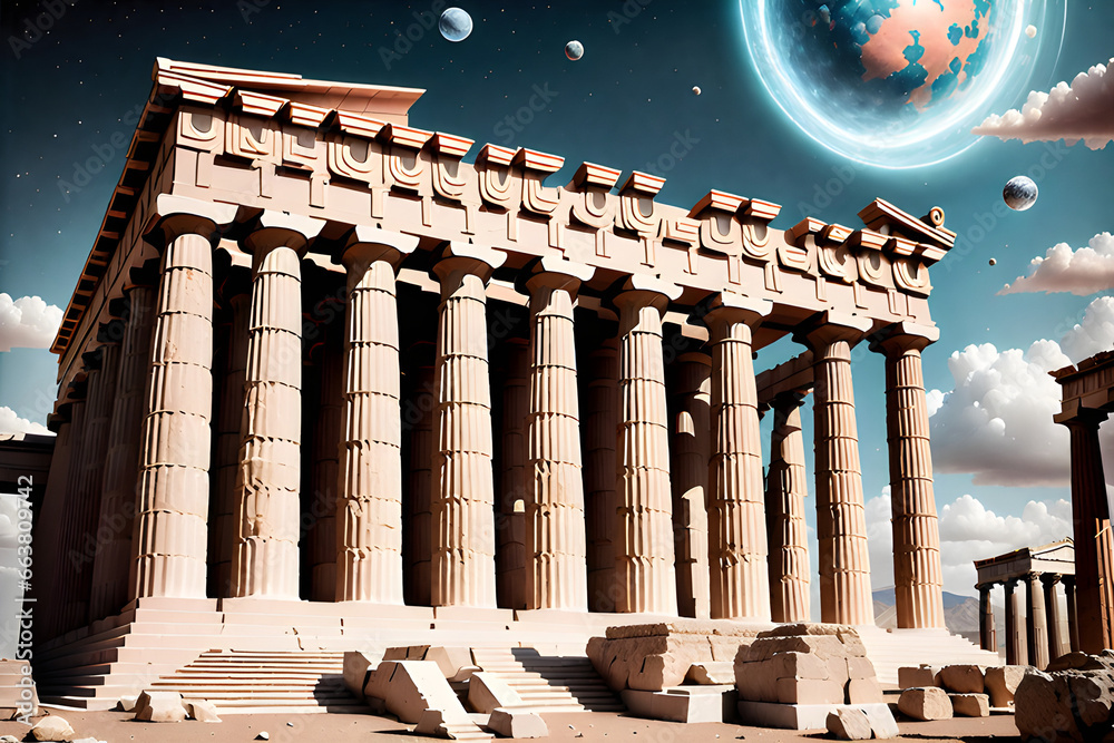 Obraz premium Mercury, in the distant future galaxy, is home to an ancient Greek temple