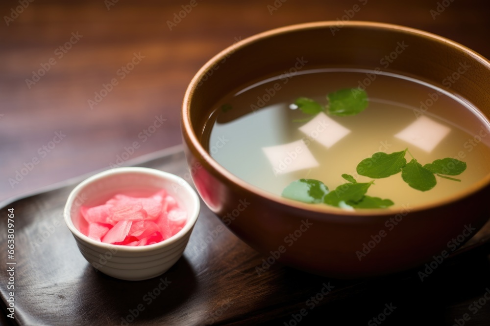 miso soup with radish, the radish freshly emerging from the broth miso soup with radish, the radish freshly emerging from the broth