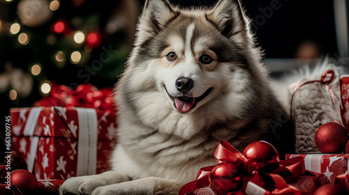 Dog with a Santa Claus Hat Sitting by a Christmas Tree Digital Art Wallpaper Background Backdrop Cover Poster