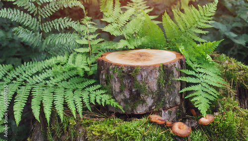 mushrooms in the forest, mber Tales: Wooden Stump in a Fern-Covered Forest photo