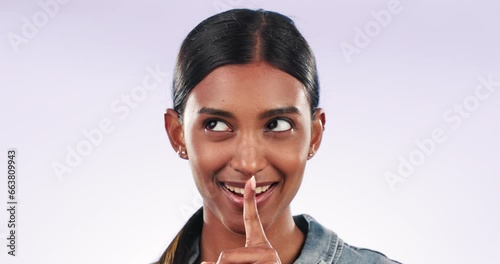 Woman, secret and gossip for news, quiet gesture and silence for privacy, drama and whisper. Confidential, private and shush emoji for mystery, portrait or studio background for mystery, mute or lips photo
