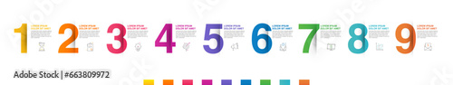 Modern vector flat illustration. Line infographic numbers template with nine elements, icons. Timeline designed for business, presentations, web design, interface, diagrams with 9 steps