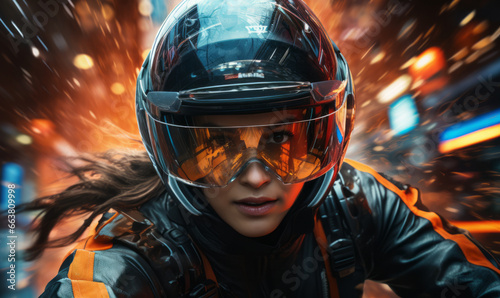 Woman is wearing a motorcycle helmet. Concept of road future, speed and technology.