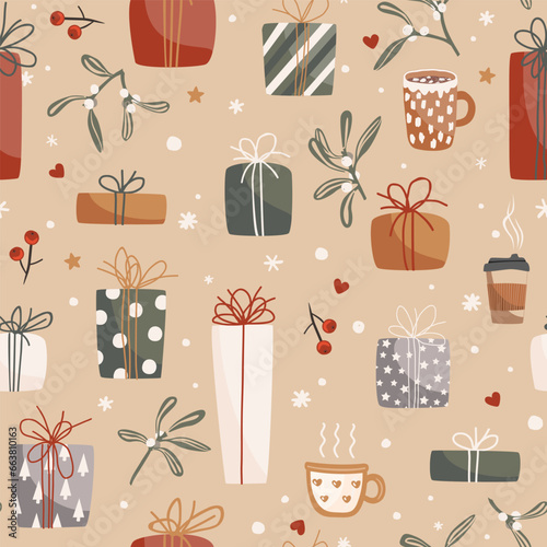 Christmas gift boxes vector pattern in retro style. Seamless background with gift boxes, mugs, and mistletoe branches. Illustration for greeting cards, invitations, posters.