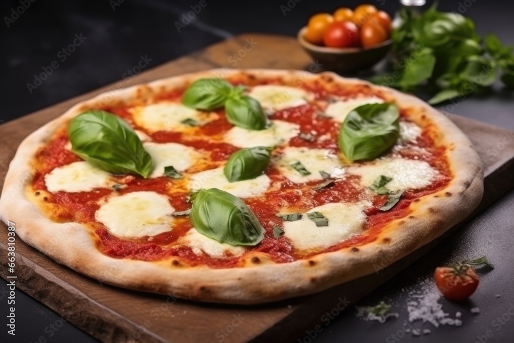 freshly baked pizza with basil leaves on a round stone surface